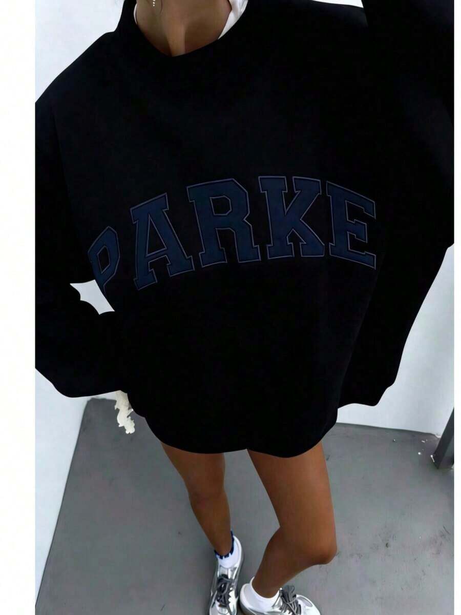 2026 LC Unisex Casual PARKE Letter Print Loose Pullover Sweatshirt, Encountering Lazy Fashion. Casual Daily Wear,Winter Clothes Women,Clothes,Hoodie,Tops,Spring Break,Long Sleeve Tops WomenCasual Daily Wear,-Shirt,Retro-Shirt,Clothing Autumn And Winter,Male And Female Neutral Short Sleeves,Clothes Plus Size,Sweatshirt,Clothes Women,Tops,New Year's Clothing,Womens Tops,Spring,Summer Tops Women,Spring Clothes,Vacation Outfits Women,Valentines Gifts,Summer Outfits - Black - View 1