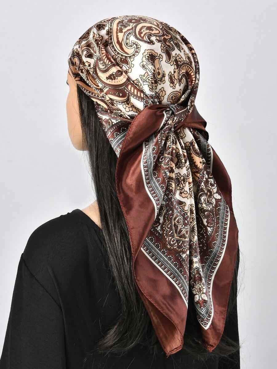 1pc Women's 2026 Spring/Summer Fashion Paisley Print 90*90cm Bandana Head Scarf, Casual Versatile Headband, Multifunctional Headwear, Suitable For All Seasons - Coffee - View 1