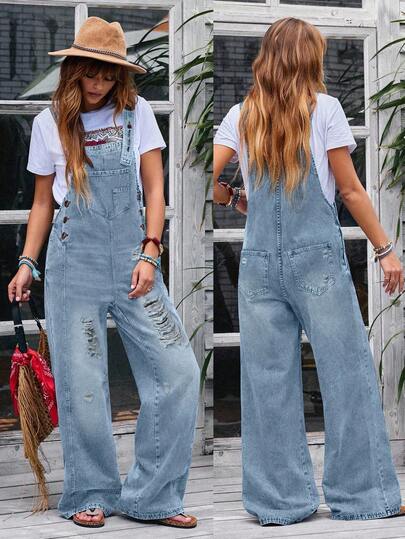 Casual Women's Shoulder Strap Jeans, Solid Color Denim Pants, Mid Waist Slightly Elastic, Slim Fit And Slimming, Suitable For All Seasons, Paired With Distressed Craftsmanship, Fashionable And Youthful, Suitable For Back To School Season, Retro, Rebellious Girls, Sweet Girls, Street, Work, Travel, Daily Leisure, Dating