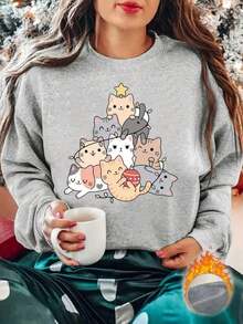 Valentine Outfits For Women20262025 New Sweatshirts Women's Fleece-Lined Round Neck Sweater - Fun Cat And Star Print, Comfortable Winter And Autumn Pullover, Machine Washable, Casual Loose And Comfortable Garmentvalentine's Day Valentines Clothes - 杏色 - 查看 10