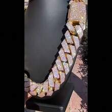 15mm Men's Cuban Chain Necklace With Ice Crystal Hip-Hop Rhinestones Dazzling Heavy-Duty Thick Chain Cuban Link Necklace Unisex Luxury Hip-Hop Jewelry Men's Chain Necklace Men's Cuban Chain Necklace - 金的 - 查看 9