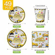 工程车主题生日快乐一次性餐盘、餐巾纸、杯子套装，包含餐盘、餐巾纸和杯子，适合8位客人使用，一次性纸盘，派对餐具，适用于生日、婚礼、主题派对、家庭野餐等场合。 - 彩色 - 查看 2