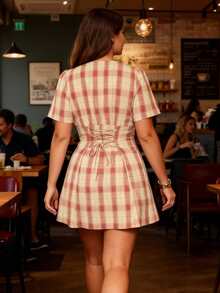 Women Plus Size Dress V-Neck Short Sleeve Buttons Plaid Dress Summer Fashion Casual Mini Dress - Rojo - Ver 6