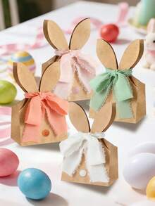 12个/28个/79个（24套）复活节兔子礼品袋，包含兔耳朵牛皮纸袋、4卷丝带、50个彩色绒球棕色兔子图案礼品包装袋，适用于春季生日、复活节礼物、复活节派对装饰。 - 彩色 - 查看 4