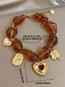 1条复古甜心琥珀心形花朵吊坠手链，18K镀金不锈钢材质，可调节，奢华优雅女士饰品，适合约会、下午茶、音乐节、生日礼物、浪漫波西米亚风配饰、情人节、派对、晚宴、日常佩戴、约会、新年、婚礼、海滩、圣诞节周年纪念日等场合。 - 彩色 - 查看 5