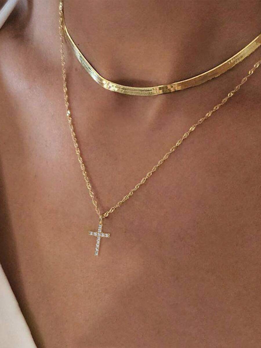 2pcs/Set Fashionable New Gold Stainless Steel Gold Wire Flat Chain & Copper Wave Chain Layered Cross Pendant Necklace - Yellow Gold - View 1