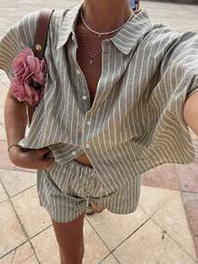 VIVINA Summer Casual Vacation Striped Print Loose Top And Shorts 2 Pieces Set, Women Summer Casual Outfit, Women Vacation Outfit, Women Loungewear - Grey - View 1