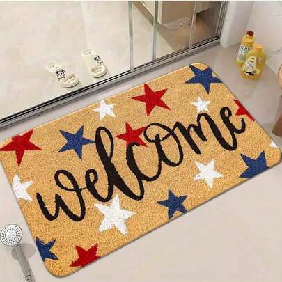 Alfombra de franela de 1/2/3 piezas con la palabra "Bienvenido" en letra cursiva negra en negrita, superficie texturizada rugosa, estrellas patrióticas rojas, blancas y azules, festiva para el 4 de julio, decorativa para la entrada del porche. Suave, cómoda y fácil de limpiar, adecuada para pasillo, baño, dormitorio, cocina, porche, lavadero, caravana, decoración exterior, decoración navideña. Tres tamaños disponibles.