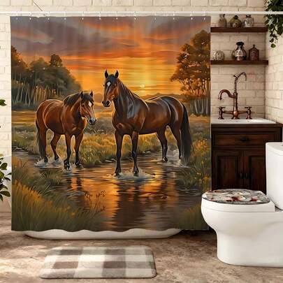 1 pieza Cortina de ducha con pintura al óleo del atardecer en el arroyo del caballo, cortina de baño rústica y natural, cortina de baño con caballo majestuoso y cielo dorado para decoración de baño estilo occidental, accesorios de baño con paisaje vibrante, suministros de baño relajantes para amantes de los animales, cortina de ducha audaz para baños rústicos, cortina de ducha duradera para renovación de hogar de campo