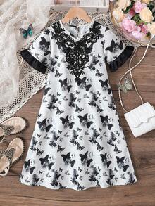Girls Toddler Butterfly Pattern Ruffle Trim Short Sleeve Lace Decor Dress, Summer - Black - View 1
