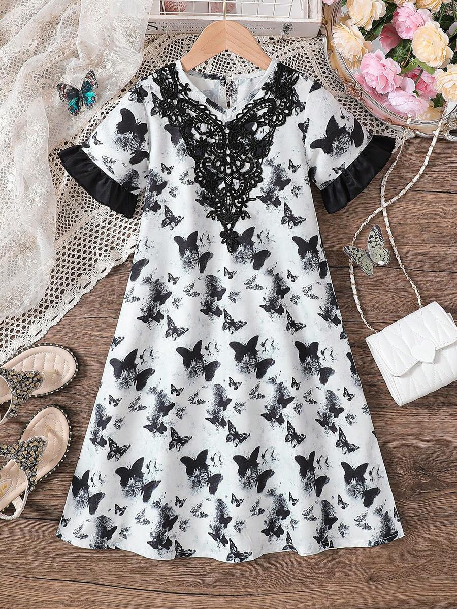 Girls Toddler Butterfly Pattern Ruffle Trim Short Sleeve Lace Decor Dress, Summer - Black - View 1