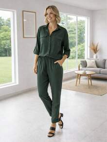 Women's Set: Pants And Shirt With Elastic Waistband, Comfortable, Casual, And Stylish For Everyday Wear. - Màu xanh lá cây đậm - Xem 4