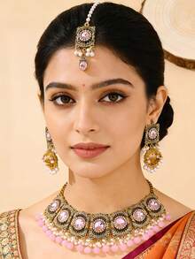 4件套时尚奢华水钻首饰套装，新娘首饰，仿珍珠发链、吊坠耳环和串珠流苏项链，适合女士婚礼、日常佩戴。 - 四件套 - 查看 1