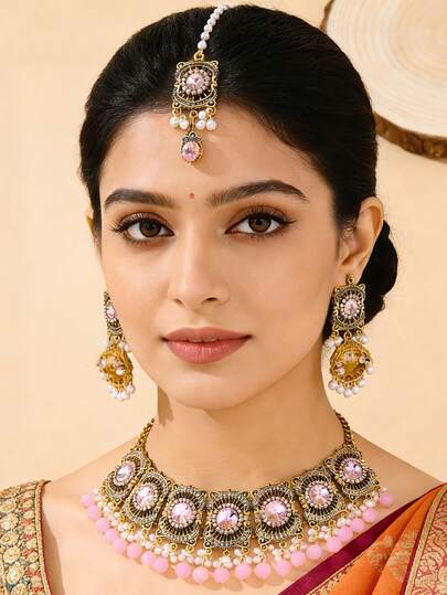 4件套时尚奢华水钻首饰套装，新娘首饰，仿珍珠发链、吊坠耳环和串珠流苏项链，适合女士婚礼、日常佩戴。