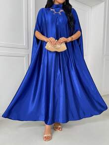 Women's Patchwork Mesh High Collar Abaya Robe - Blue - View 5