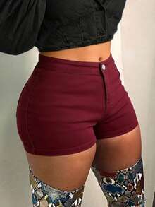 Women's Mid Rise High Stretch Denim Shorts - Light Blue Washed Slim Fit Butt Lifting Hot Pants, American Retro Y2K Style For Daily Wear & Music Festival - Màu Đỏ Sâu - Xem 4