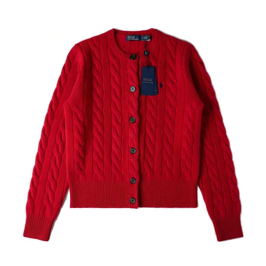 Polo Ralph Lauren Classic Embroidered Wool Cardigan | Cable-Knit Cashmere Blend Crewneck Button-Front Sweater, Women's Timeless Knitwear - 紅色 - 查看 1