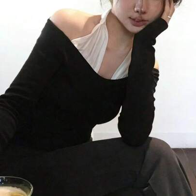 Off-Shoulder Contrast Color Halter Splicing 2 In 1 Long Sleeve T-Shirt, Fashionable Minimalist Casual Elegant Women's Top, Black