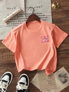 少女休闲印花圆领短袖T恤，夏季上衣 - 珊瑚橙 - 查看 5
