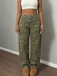 Women Spring Summer Casual Old Money Leopard Print Wide Leg Jeans Loose Pants - 棕色 - 查看 8