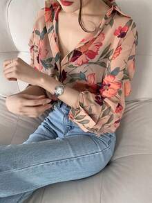 Camisa de mujer Camisa de manga larga con protección solar para mujer, con diseño vanguardista, holgada y elegante, con estampado floral en gasa. - Rosa - Ver 5