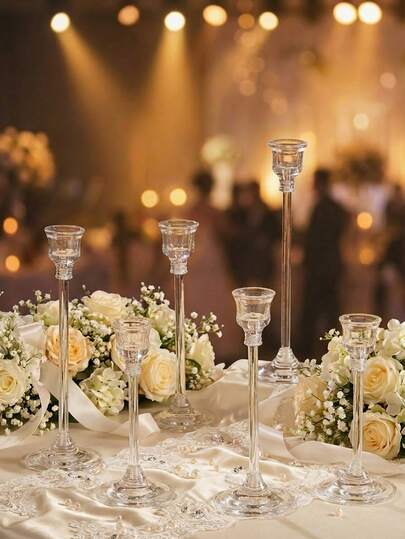 3Pcs/Set Glass Candlestick Holder, Minimalist Nordic Style Clear Bubble Textured Single-Arm Taper Candle Holders For Home Desktop Decor, Candle Centerpiece, Wedding Ornament, Romantic Valentine's Dinner Candlestick Base, Birthday Party, Holiday Celebration, Polished Centerpiece For Wedding & Dinner Party, Party Decoration, Tealight Holder, Bridal Shower Supply