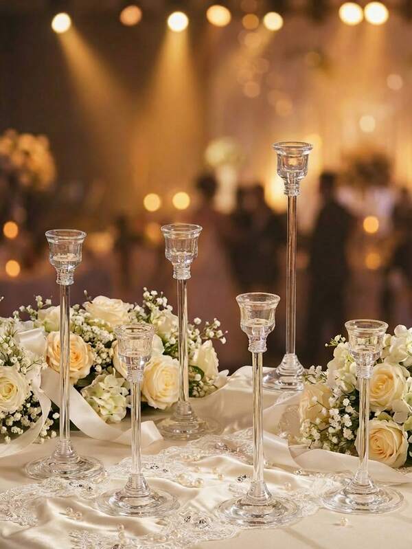 3Pcs/Set Glass Candlestick Holder, Minimalist Nordic Style Clear Bubble Textured Single-Arm Taper Candle Holders For Home Desktop Decor, Candle Centerpiece, Wedding Ornament, Romantic Valentine's Dinner Candlestick Base, Birthday Party, Holiday Celebration, Polished Centerpiece For Wedding & Dinner Party, Party Decoration, Tealight Holder, Bridal Shower Supply