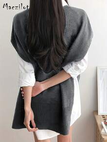 Plus Size Women Plus Size Pullover Sweater, Casual Comfortable V-Neck Sleeveless Knit Top - Grey - View 4