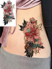 1张牡丹花临时纹身贴纸，水彩扎染金属线条，优雅暗黑设计，适用于手臂、腰部、腿部等身体部位，防水防汗，持久耐用，非常适合节日、派对、送礼等场合。 - 粉色 - 查看 2