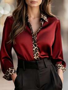 Women's Leopard Print Patchwork Zipper Button Casual Shirt - Red - View 10