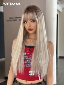 NAMM 24 Inch Long Straight White Blonde Wig For Women Mixed Brown Highlight, Gorgeous Fluffy Synthetic Wig With Bangs-Dark Roots Natural Appearance Very Soft Synthetic Heat Resistant Fiber Hair, Beautiful Full Machine Hair Wig Suitable For Fashion Girls Daily,Anime Or Costume Cosplay Decoration,Music Festival Dance Party Street Wear Use - White Highlight - View 2