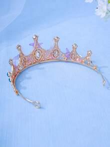 1pc Elegant Crystal Princess Crown, Starfish, Seashell Mermaid Tail Headband, Performance/Birthday Gift Crown - Lake Blue - View 5