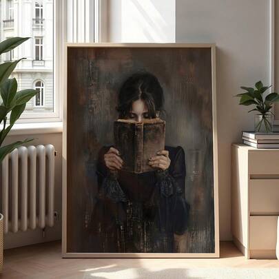 维多利亚时代风格女性阅读主题墙饰，暗黑学院风装饰，图书馆主题墙画，营造阅读角氛围，适合作为送给爱书人士的礼物，可用于家居、房间、卧室、客厅、浴室墙面装饰，带框。