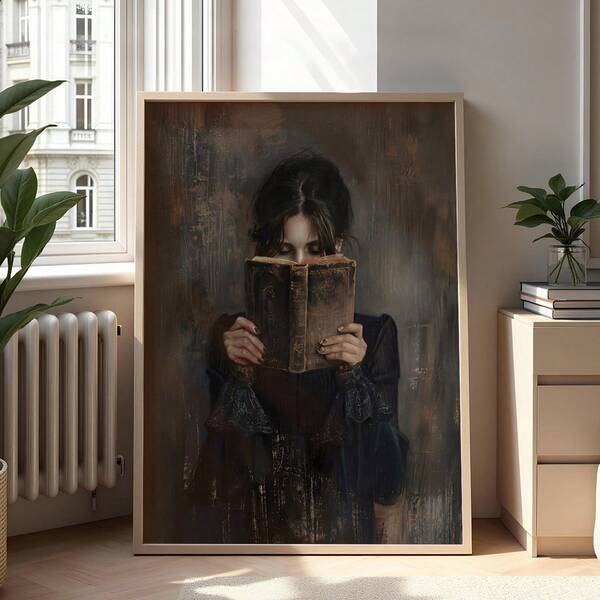 维多利亚时代风格女性阅读主题墙饰，暗黑学院风装饰，图书馆主题墙画，营造阅读角氛围，适合作为送给爱书人士的礼物，可用于家居、房间、卧室、客厅、浴室墙面装饰，带框。