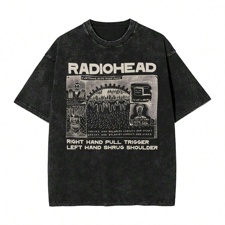 Washed T Shirt Right Hand Pull Trigger  Hip Hop Vintage T-Shirts Oversize Streetwear Short Sleeve Tops Tees Men Women - 黑色 - 查看 1