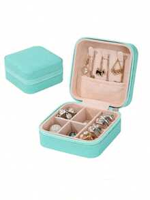 1个粉色首饰盒，迷你PU双层方形便携拉链首饰收纳盒，适用于戒指、耳环、项链，家居装饰，新年礼物，生日/圣诞礼物（送给她），夏季首饰收纳，返校旅行配件，宿舍收纳必备 - 粉色 - 查看 13