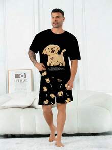加大码男士睡衣套装 | 圆领短袖上衣和松紧腰休闲短裤两件套 | 涤纶针织面料，柔软透气，宽松版型 | 休闲设计，饰有心形、骨头和小狗图案 - 黑色 - 查看 7