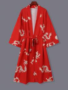 Chinese Style Retro Loose Mid-Length Festive Red Dragon Print Kimono Cardigan, Casual Home Robe With Tie Waist, Lightweight Summer Beach Cover-Up, Thin Outerwear - Red - View 1
