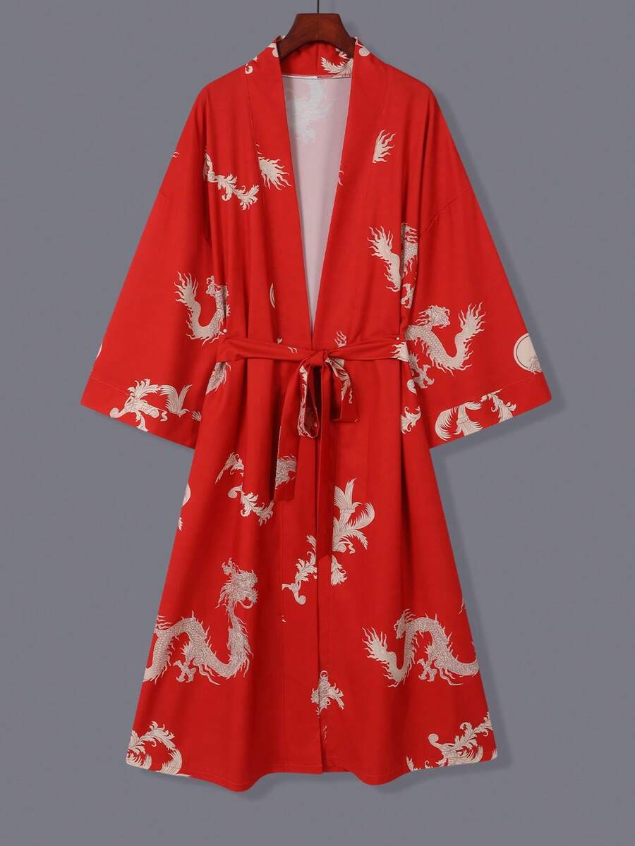 Chinese Style Retro Loose Mid-Length Festive Red Dragon Print Kimono Cardigan, Casual Home Robe With Tie Waist, Lightweight Summer Beach Cover-Up, Thin Outerwear - Red - View 1