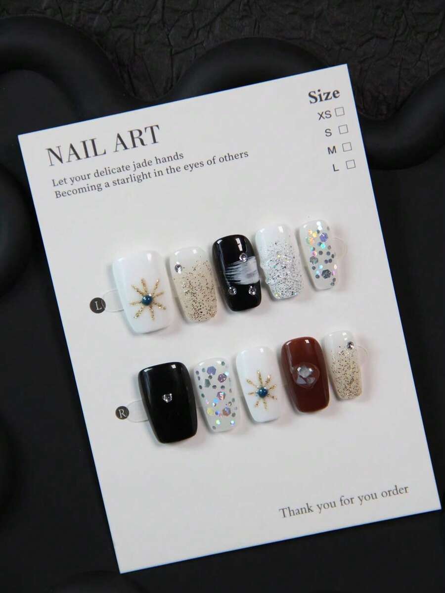 10pcs Handmade Square Coffin Nail Stickers, Acrylic Nail Art Decals With Black, Shiny, Gold Hexagram Pattern For Short Nails, Reusable Nail Decorations Suitable For Women And Girls, Great Gift For Party, Wedding, Daily Wear, With Tool Kit - Black - View 1