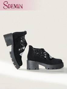 SDEMIN Early Autumn And Winter Daily Wear, Date Travel, Ladies' Temperament, Floral Print Lace Ankle Boots, Back Zipper Square High Heels, Round Toe Boots, And Fashionable Pointed Black Mesh Breathable High Heels - màu đen - Xem 1