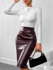 女士高腰PU皮铅笔裙 – 后拉链，后开衩，黑色/酒红色 - 紅木色 - 查看 3