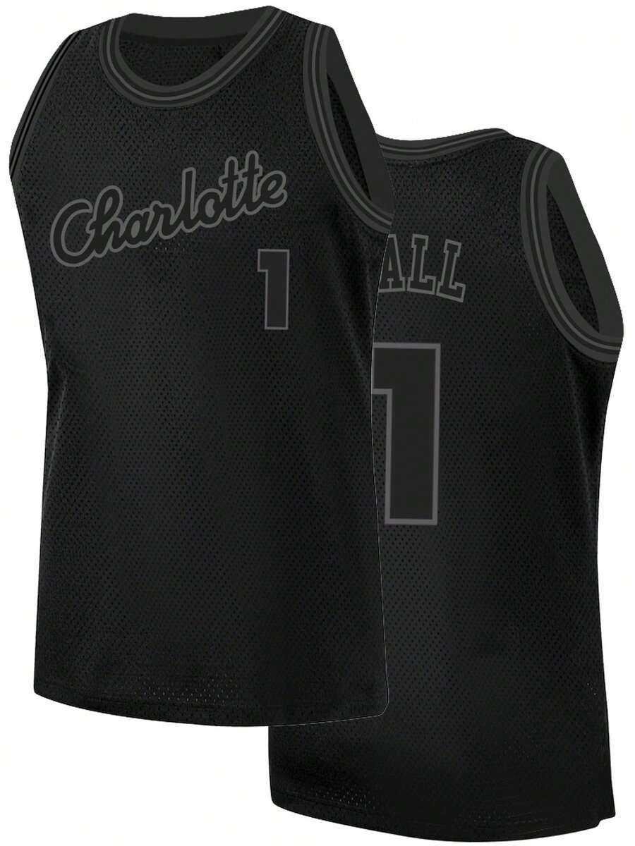 Men's Embroidered Basketball Jersey 1 Black Casual Sleeveless Vest V-Neck T-Shirt Party Sports Top - Black - View 1