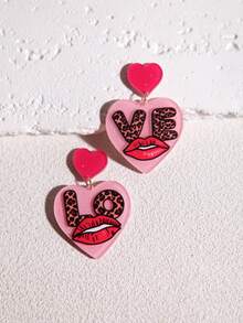 Pink Snail 1 Pair Creative Red Lip & Heart Acrylic Drop Dangle Earrings, Funny Statement Earrings For Women, Girls, Suitable For Valentine's Day, Summer, Winter, Vacation, Holiday, Beach Party, Gifts For Her, Couples - Red Lips and a Heart - View 9