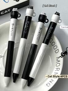 2/4支装可爱猫咪马克杯旋转中性笔黑白卡通学生笔0.5mm可爱笔 - 彩色 - 查看 6