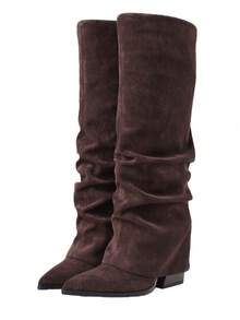 Women's Fold Over Boots Slouch Knee High Boots For Women Wedge Heel Pointed Toe Tall Boot, Wide Calf, Pull-On Shark Boots - 棕色絨面 - 查看 2