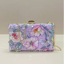 亮片刺绣花卉手拿包，女士时尚亮片拼接手提包，派对晚宴包，随机裁剪，适合女性，适合派对、婚礼、舞会、度假等场合。是派对、婚礼、舞会、晚宴/庆典活动的理想之选，可搭配节日派对礼服、晚礼服和亮片连衣裙。闪亮亮片手提包，女士优雅之选。 - 紫丁香色 - 查看 8