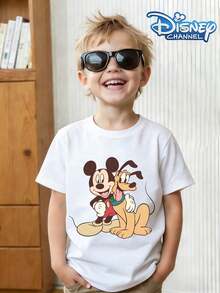 1pc Disney Mickey Mouse & Pluto Playful Buddies Graphic Tween Boys Cute Casual T-Shirt, Soft & Breathable, Ideal For Daily Wear & Playdates - White - View 1