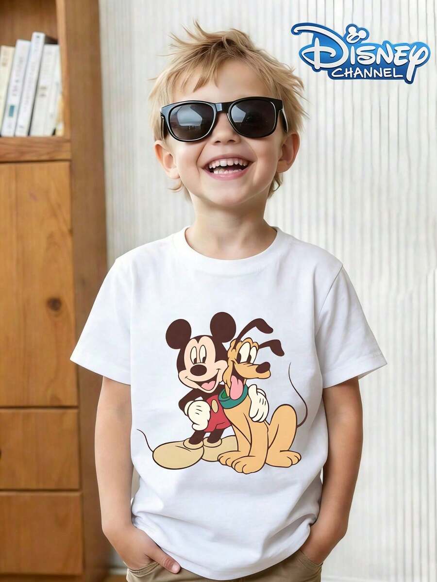 1pc Disney Mickey Mouse & Pluto Playful Buddies Graphic Tween Boys Cute Casual T-Shirt, Soft & Breathable, Ideal For Daily Wear & Playdates - White - View 1