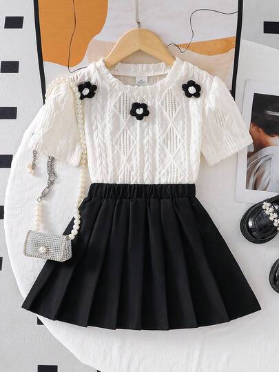 2pcs/Set Girls' School Style Outfit, Summer Version - White Lace Floral Decor Short Sleeve T-Shirt + Black High Waist Pleated Skirt, Suitable For 4-8 Years Old, Outdoor, Casual, Party, Holiday Gift, Birthday Gift